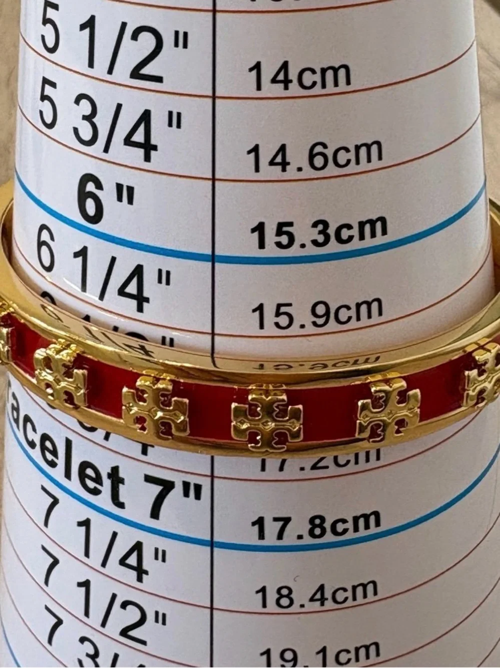 Tory Burch Enamel Raised Logo Stacked T Cuff Bangle Bracelet; Red/Gold -Size 6.5